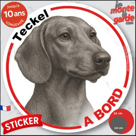 Teckel à poils ras, sticker autocollant rond "Chien à Bord" disque adhésif vitre voiture photo, résiste pluie soleil gel, idée c
