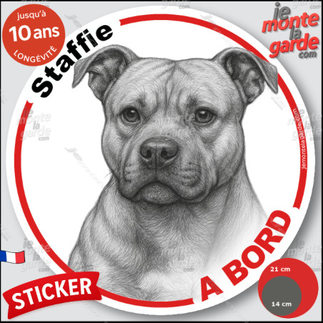 Staffie, sticker autocollant rond "Chien à Bord" disque adhésif vitre voiture photo, résiste pluie soleil gel, idée cadeau