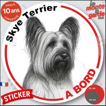 Skye Terrier, sticker autocollant rond "Chien à Bord" disque adhésif vitre voiture photo, résiste pluie soleil gel, idée cadeau