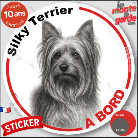 Silky Terrier, sticker autocollant rond "Chien à Bord" disque adhésif vitre voiture photo, résiste pluie soleil gel, idée cadeau