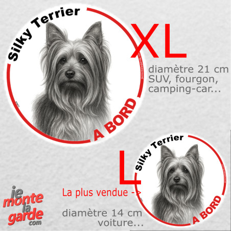 Disque autocollant voiture "Silky Terrier à Bord" dessin au crayon en noir et blanc 2 tailles D