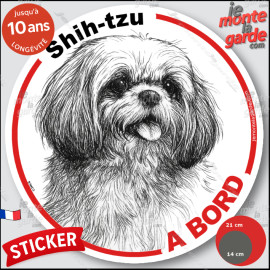 Shih-Tzu, sticker autocollant rond "Chien à Bord" disque adhésif vitre voiture photo, résiste pluie soleil gel, idée cadeau