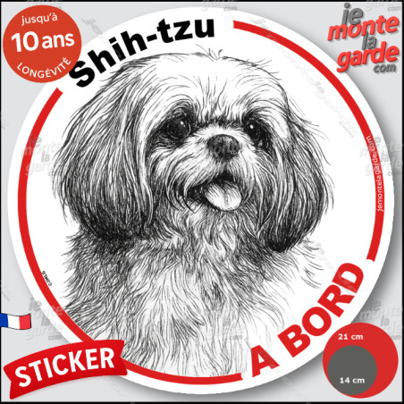 Shih-Tzu, sticker autocollant rond "Chien à Bord" disque adhésif vitre voiture photo, résiste pluie soleil gel, idée cadeau