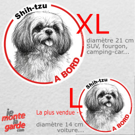 Disque autocollant voiture "Shih-Tzu à Bord" dessin au crayon en noir et blanc 2 tailles D