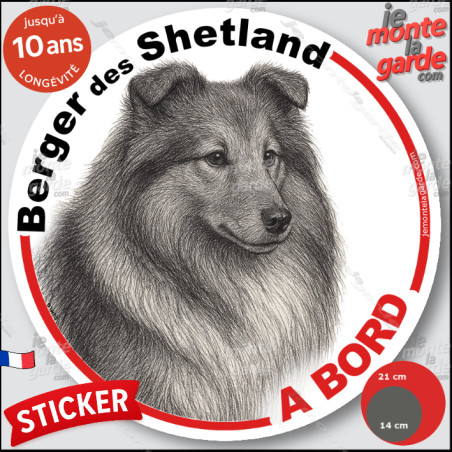 Berger des Shetland, sticker autocollant rond "Chien à Bord" disque adhésif vitre voiture photo, résiste pluie soleil gel, idée 