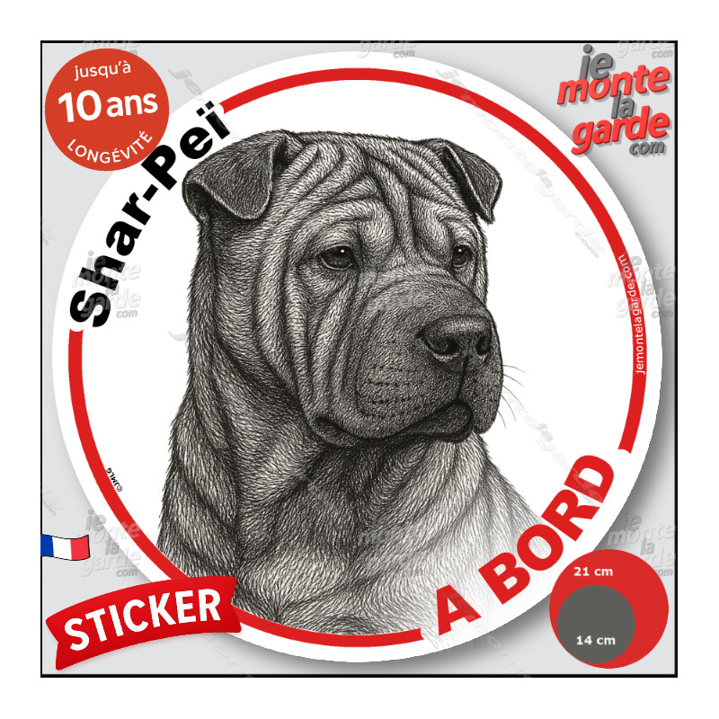 Shar-Peï, sticker autocollant rond "Chien à Bord" disque adhésif vitre voiture photo, résiste pluie soleil gel, idée cadeau Shar-Peï, sticker autocollant rond "Chien à Bord" disque adhésif vitre voiture photo, résiste pluie soleil gel, idée cadeau