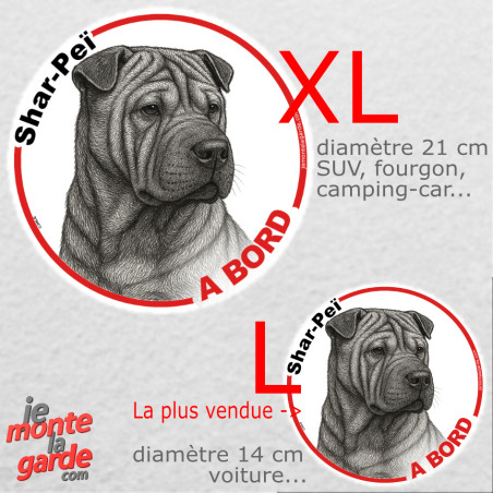 Disque autocollant voiture "Shar-Peï à Bord" dessin au crayon en noir et blanc, 2 tailles D Disque autocollant voiture "Shar-Peï à Bord" dessin au crayon en noir et blanc, 2 tailles D