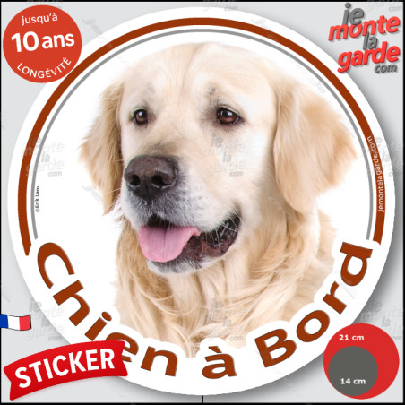 Golden Retriever, sticker autocollant rond "Chien à Bord" Disque adhésif vitre voiture auto photo, résiste pluie soleil gel, idé