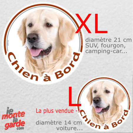 Golden Retriever, sticker voiture rond "Chien à Bord" résiste pluie soleil gel, idée cadeau, 2 tailles D
