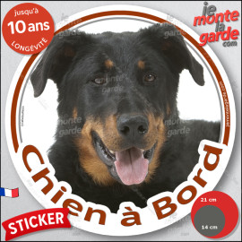 Beauceron noir et feu, sticker rond "Chien à Bord" Disque autocollant adhésif Berger de Beauce voiture auto vitre photo, résiste