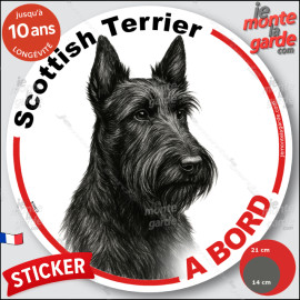 Scottish Terrier, sticker autocollant rond "Chien à Bord" disque adhésif vitre voiture photo, résiste pluie soleil gel, idée cad