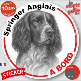 Springer Anglais Spaniel, sticker autocollant rond "Chien à Bord" disque adhésif vitre voiture photo, résiste pluie soleil gel, 