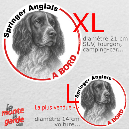 Disque autocollant voiture "Springer Anglais à Bord" dessin au crayon en noir et blanc, résiste pluie soleil gel, 2 tailles D