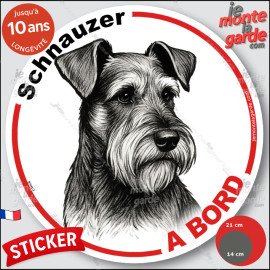 Schnauzer, sticker autocollant rond "Chien à Bord" disque adhésif vitre voiture photo, résiste pluie soleil gel, idée cadeau