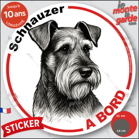 Schnauzer, sticker autocollant rond "Chien à Bord" disque adhésif vitre voiture photo, résiste pluie soleil gel, idée cadeau
