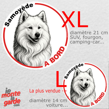 Disque autocollant voiture "Samoyède à Bord" noir et blanc 2 tailles D
