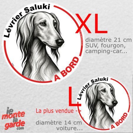 Disque autocollant voiture "Lévrier Saluki à Bord" noir et blanc 2 tailles D