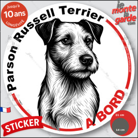 Parson Russell Terrier, sticker autocollant rond "Chien à Bord" disque adhésif vitre voiture photo, résiste pluie soleil gel, id