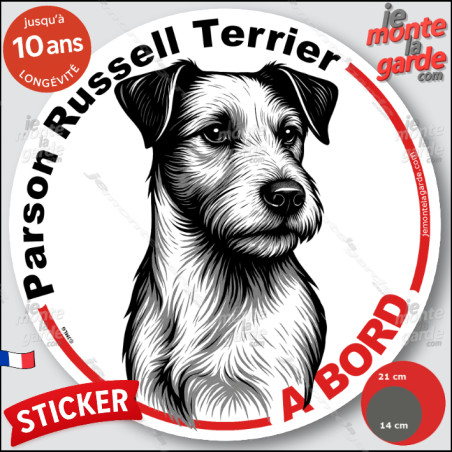 Parson Russell Terrier, sticker autocollant rond "Chien à Bord" disque adhésif vitre voiture photo, résiste pluie soleil gel, id