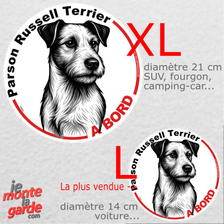 Disque autocollant voiture "Parson Russell Terrier à Bord" noir et blanc 2 tailles D