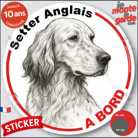 Setter Anglais, sticker autocollant rond "Chien à Bord" disque adhésif vitre voiture photo, résiste pluie soleil gel, idée cadea