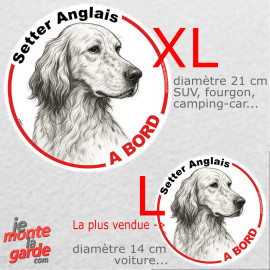 Disque autocollant voiture "Setter Anglais à Bord" dessin au crayon en noir et blanc 2 tailles D