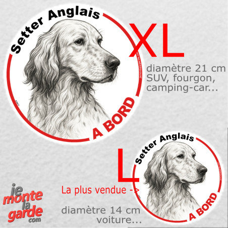 Disque autocollant voiture "Setter Anglais à Bord" dessin au crayon en noir et blanc 2 tailles D