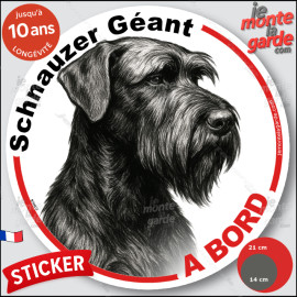 Schnauzer Géant, sticker autocollant rond "Chien à Bord" disque adhésif vitre voiture photo, résiste pluie soleil gel, idée cade