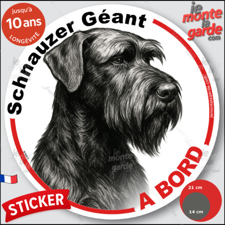 Schnauzer Géant, sticker autocollant rond "Chien à Bord" disque adhésif vitre voiture photo, résiste pluie soleil gel, idée cade