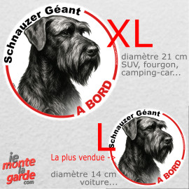 Disque autocollant voiture "Schnauzer Géant à Bord" noir et blanc 2 tailles D
