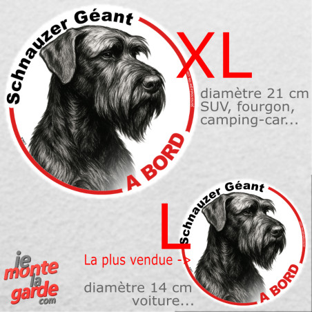 Disque autocollant voiture "Schnauzer Géant à Bord" noir et blanc 2 tailles D
