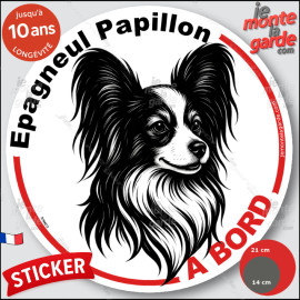 Epagneul Nain Continental Papillon, sticker autocollant rond "Chien à Bord" disque adhésif vitre voiture photo, résiste pluie so