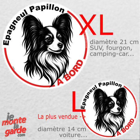 Disque autocollant voiture "Epagneul Papillon à Bord" noir et blanc 2 tailles D