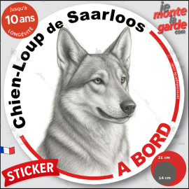 Chien-Loup de Saarloos, sticker autocollant rond "Chien à Bord" disque adhésif vitre voiture photo, résiste pluie soleil gel, id
