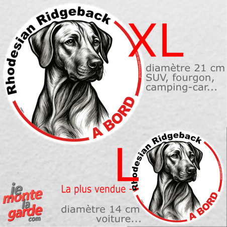 Disque autocollant voiture "Rhodesian Ridgeback à Bord" dessin en noir et blanc, résiste dehors, 2 Tailles D