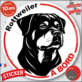 Rottweiler, sticker autocollant rond "Chien à Bord" disque adhésif vitre voiture photo, résiste pluie soleil gel, idée cadeau