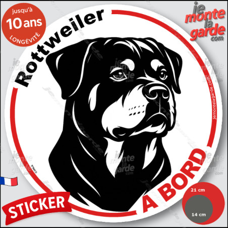 Rottweiler, sticker autocollant rond "Chien à Bord" disque adhésif vitre voiture photo, résiste pluie soleil gel, idée cadeau