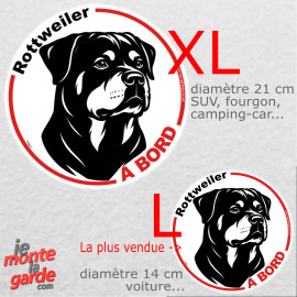 Disque autocollant voiture "Rottweiler à Bord" dessin en noir et blanc, résiste pluie soleil gel, idée cadeau, 2 Tailles D