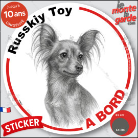 Russkiy Toy, Petit Chien Russe, sticker autocollant rond "Chien à Bord" disque adhésif vitre voiture photo, résiste pluie soleil