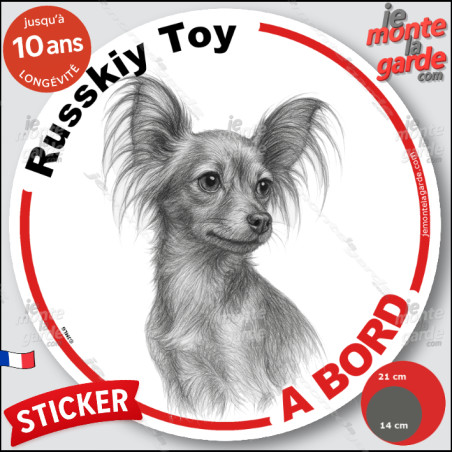 Russkiy Toy, Petit Chien Russe, sticker autocollant rond "Chien à Bord" disque adhésif vitre voiture photo, résiste pluie soleil