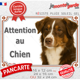 Berger Australien tricolore marron chocolat, plaque portail "Attention au Chien" photo aussie, résiste pluie soleil gel, idée ca