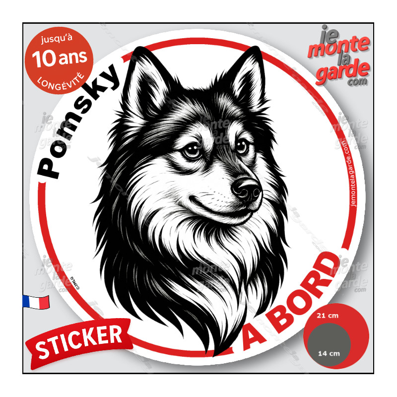 Pomsky, sticker autocollant rond "Chien à Bord" disque adhésif vitre voiture photo, résiste pluie soleil gel, idée cadeau Pomsky, sticker autocollant rond "Chien à Bord" disque adhésif vitre voiture photo, résiste pluie soleil gel, idée cadeau
