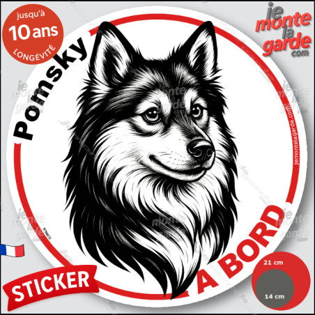 Pomsky, sticker autocollant rond "Chien à Bord" disque adhésif vitre voiture photo, résiste pluie soleil gel, idée cadeau
