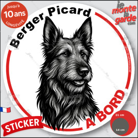 Berger Picard, sticker autocollant rond "Chien à Bord" disque adhésif vitre voiture photo, résiste pluie soleil gel, idée cadeau
