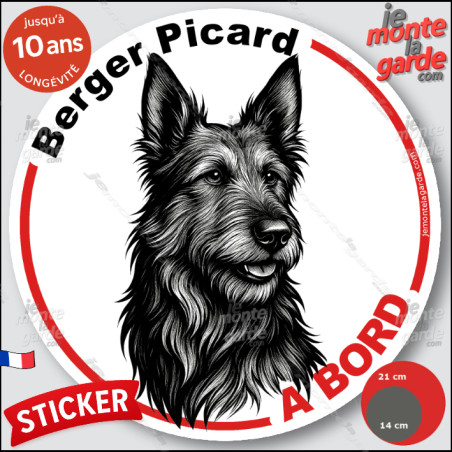 Berger Picard, sticker autocollant rond "Chien à Bord" disque adhésif vitre voiture photo, résiste pluie soleil gel, idée cadeau