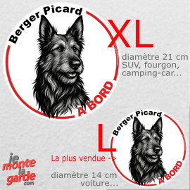 Disque autocollant voiture "Berger Picard à Bord" dessin en noir et blanc, résiste pluie soleil gel, idée cadeau,  2 tailles D