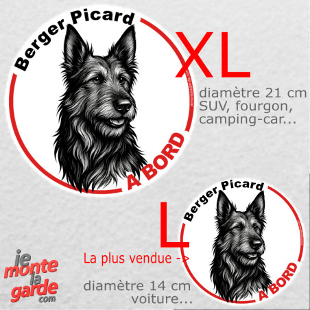 Disque autocollant voiture "Berger Picard à Bord" dessin en noir et blanc, résiste pluie soleil gel, idée cadeau,  2 tailles D