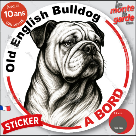Old English Bulldog ancien type, sticker autocollant rond "Chien à Bord" disque adhésif vitre voiture photo, résiste pluie solei