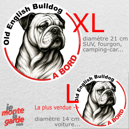 Disque autocollant voiture "Old English Bulldog à Bord" dessin noir et blanc 2 tailles D