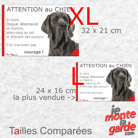 Dogue Allemand bleu, plaque portail humour "Attention au Chien, Jetez Vous au Sol et attendez des secours" 3 Tailles D